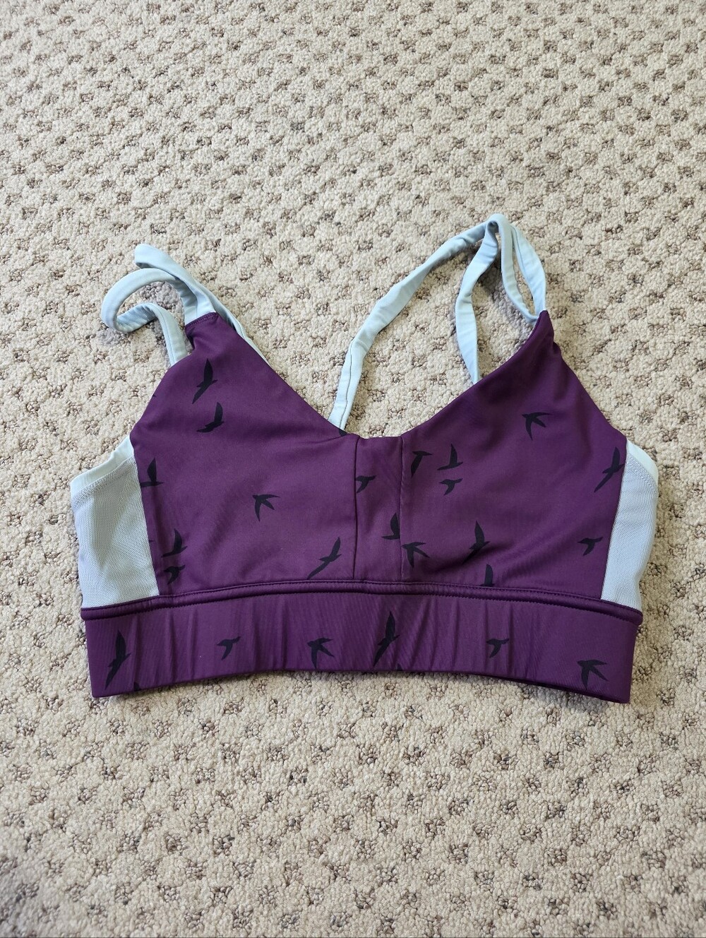 oiselle Purple Bird-Print Sports Bra with Light Blue Straps